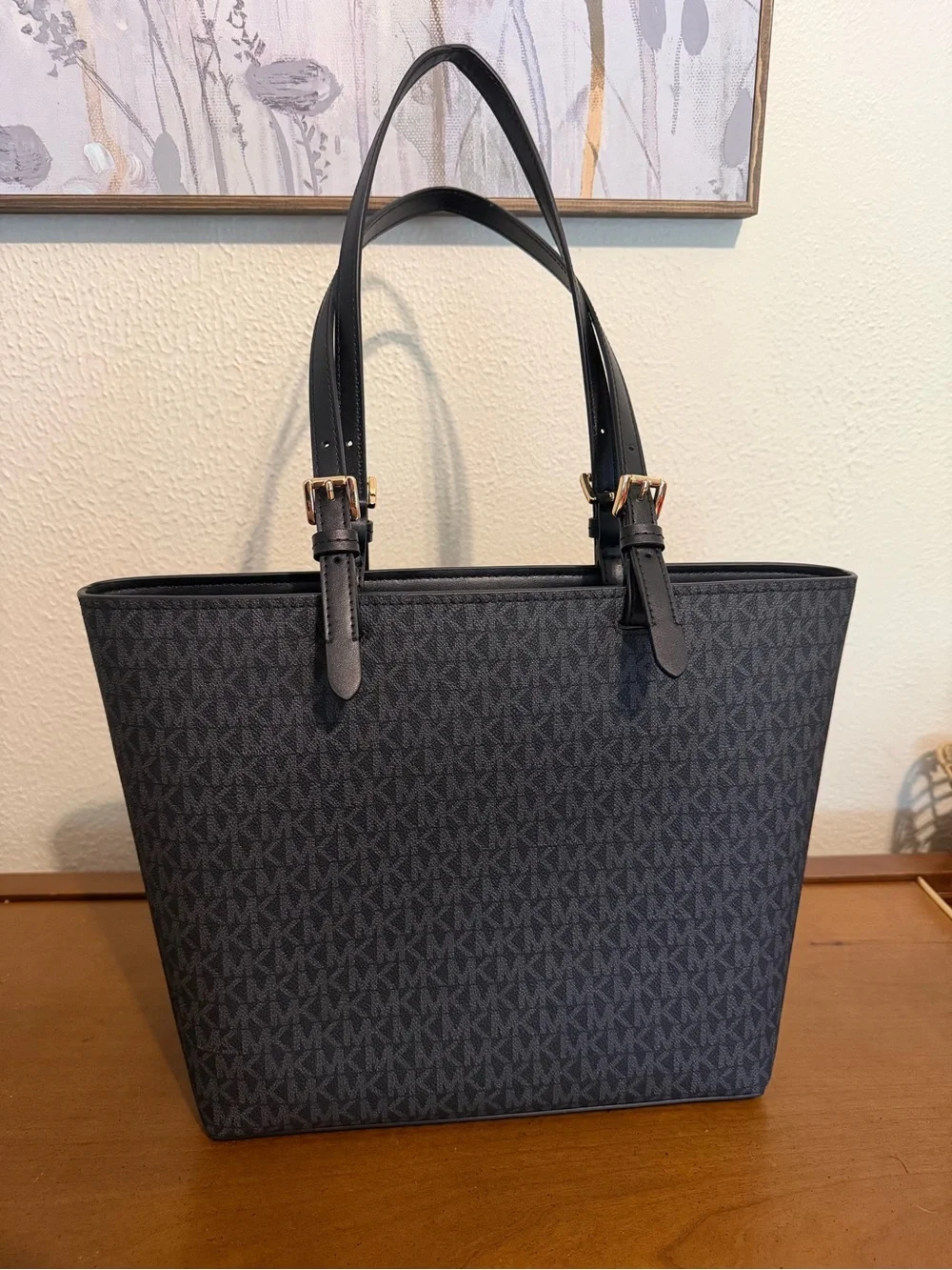Michael Kors Jet Set Travel Bag MK Logo Double Pocket Tote with Gold Hardware